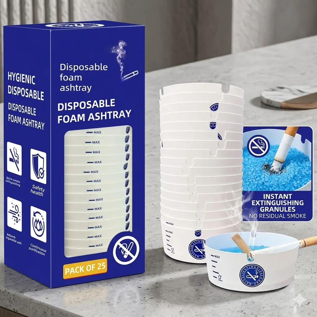 Disposable Foam Ashtrays 25-Pack | Portable, Eco-Friendly with Deodorizing Smokeless Gel – For Home, Car, Camping & Parties