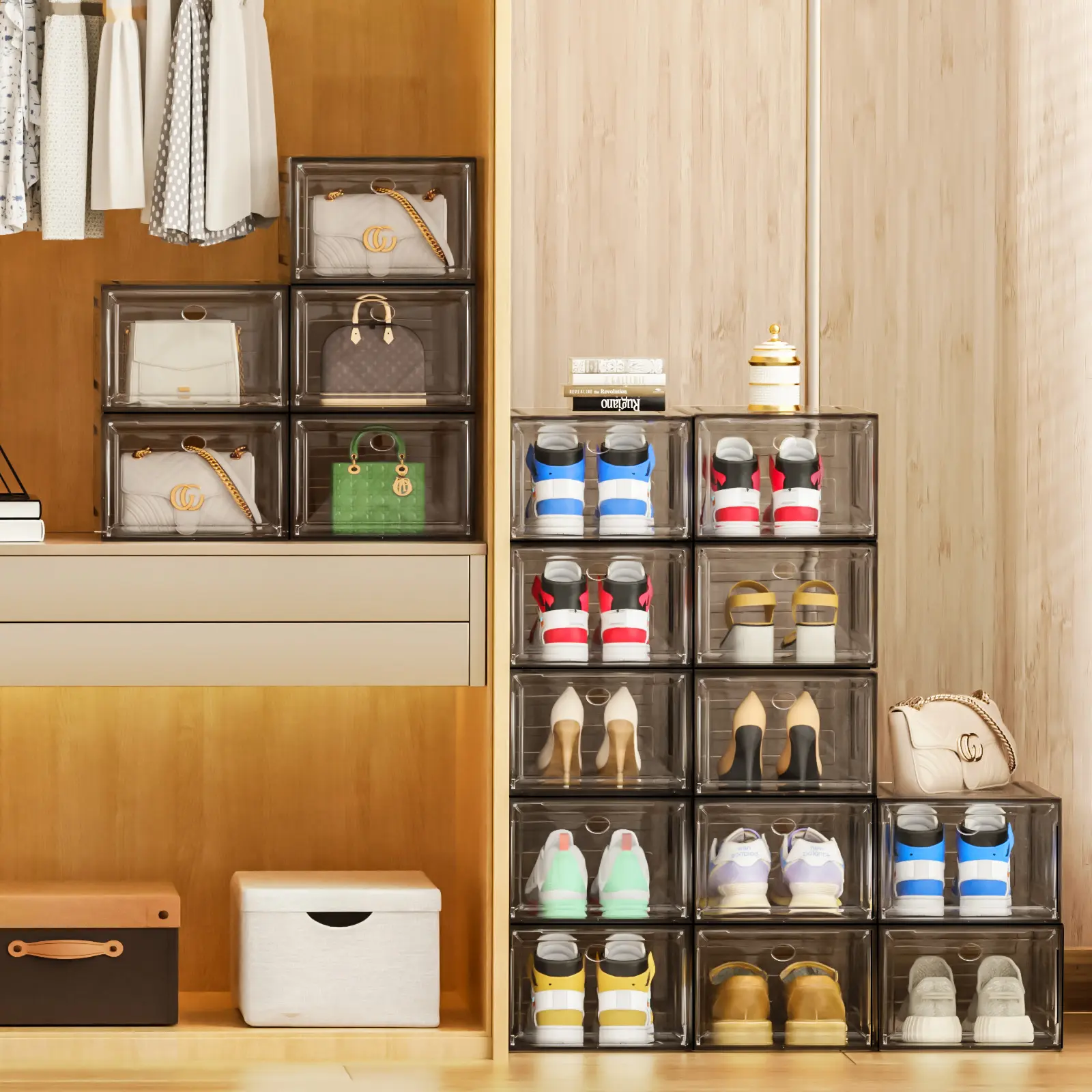 Stackable Shoe Organizer – Dustproof Magnetic Door Storage Box for Sneakers | 6, 12 & 24 Pack