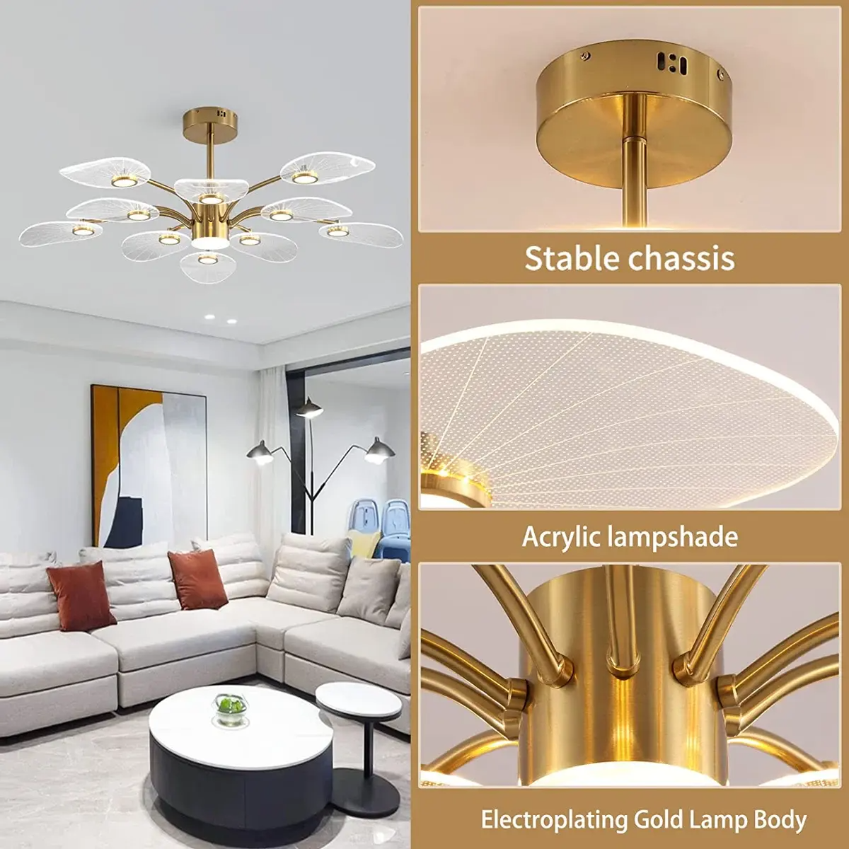 Garwarm Contemporary LED Chandelier – 10-Light Dimmable Sputnik Pendant with Gold Electroplating & Acrylic Shade | Dining Room & Bedroom