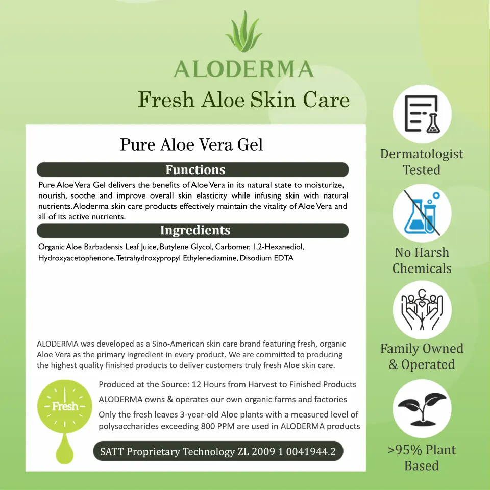 ALODERMA Pure Aloe Vera Gel – 96% Organic Aloe, Harvested Fresh within 12 Hours | 7.05 oz