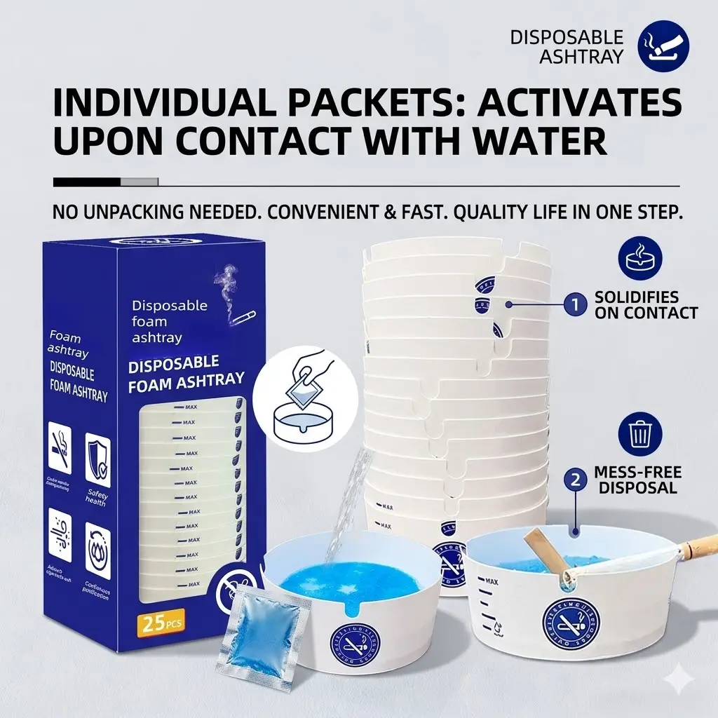 Disposable Foam Ashtrays 25-Pack | Portable, Eco-Friendly with Deodorizing Smokeless Gel – For Home, Car, Camping & Parties