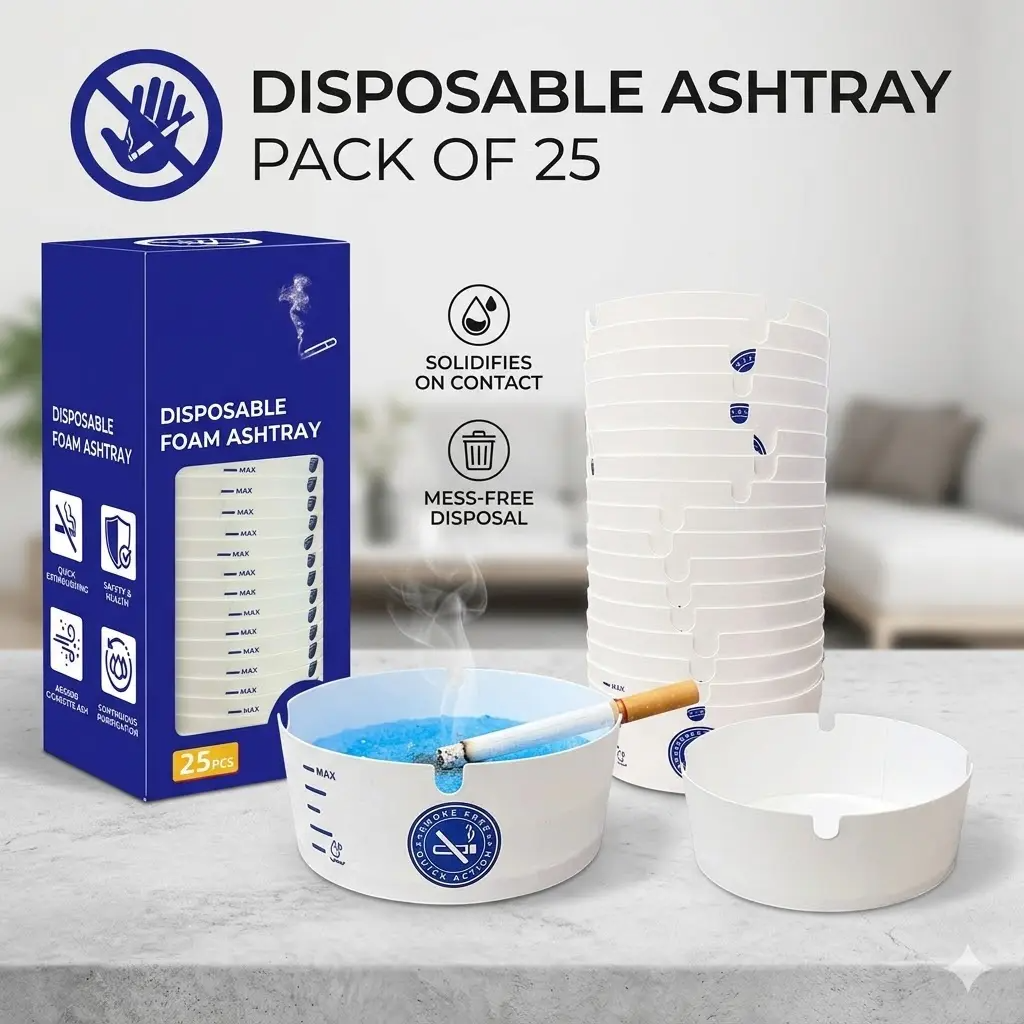 Disposable Foam Ashtrays 25-Pack | Portable, Eco-Friendly with Deodorizing Smokeless Gel – For Home, Car, Camping & Parties