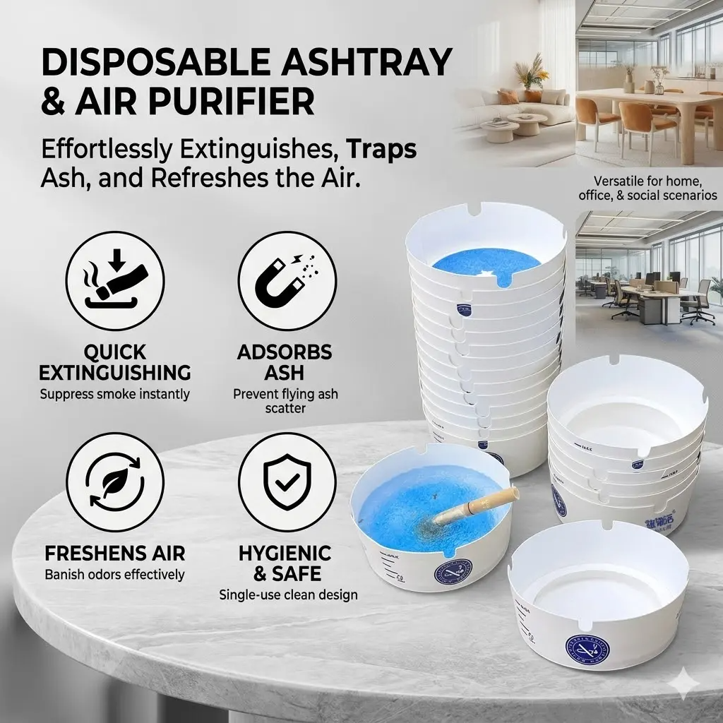 Disposable Foam Ashtrays 25-Pack | Portable, Eco-Friendly with Deodorizing Smokeless Gel – For Home, Car, Camping & Parties