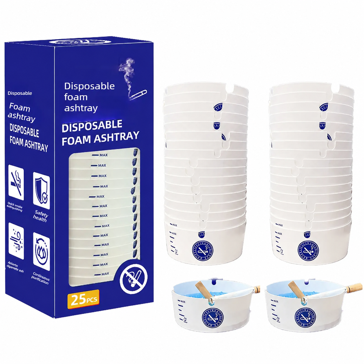 Disposable Foam Ashtrays 25-Pack | Portable, Eco-Friendly with Deodorizing Smokeless Gel – For Home, Car, Camping & Parties